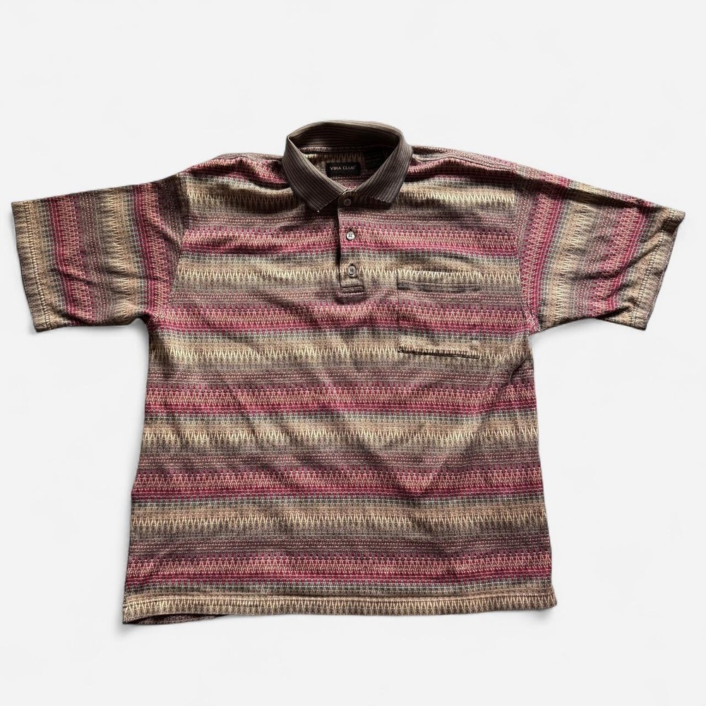 Vintage Vira Club 90s striped polo shirt geometric burgundy tan size L